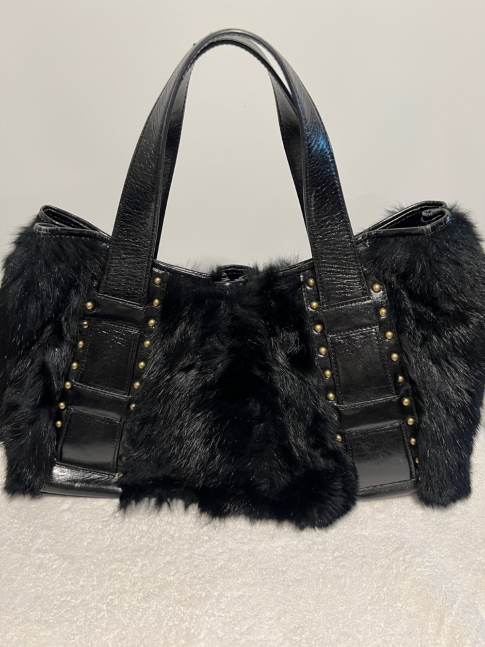 Kenneth Cole Black Rabbit Fur and leather bag with Studded Trim. - Picture 2 of 7